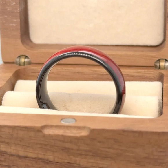 "Burl Wood Wood Inlay Black Tungsten Ring, GALTUN973 - Picture 2 of 3